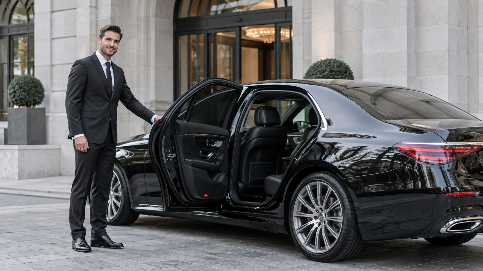 Chauffeur en costume ouvrant la porte d’une limousine noire